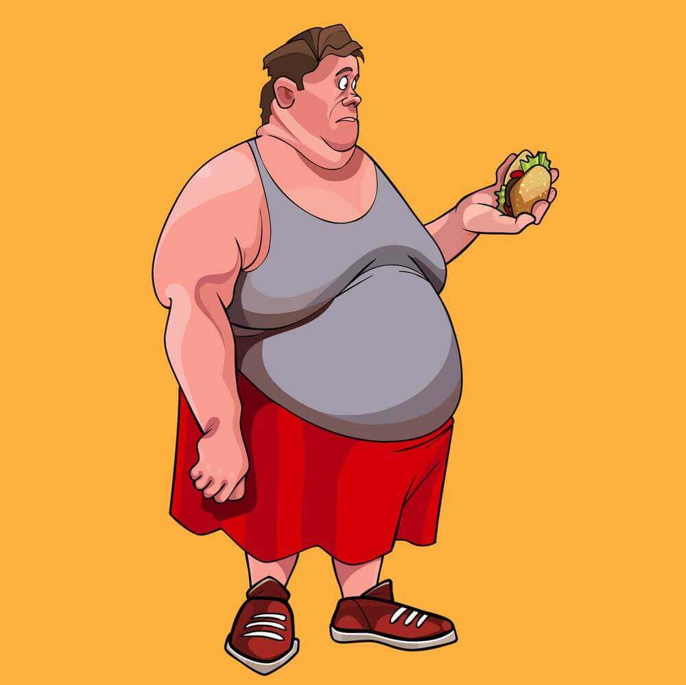 cartoon-fat-man-looks-at-hamburger-in-his-hand-min